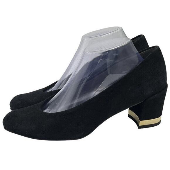 Stuart Weitzman Laney Black Suede Pumps Block Heel Gold Accent Comfort Sz 9 M - Picture 1 of 16